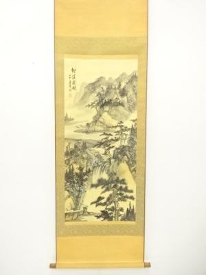 中国　秀石筆　松渓遊艇　水墨山水　肉筆絹本掛軸